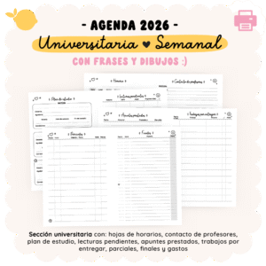 Agenda 2026 - Universitaria - Con frases e ilustraciones