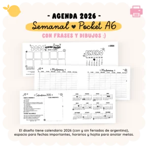Agenda 2026 - Semanal - Pocket A6 - Con frases e ilustraciones