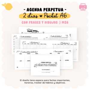 Agenda perpetua - Con frases e ilustraciones M26 - 2 días por página - Pocket A6